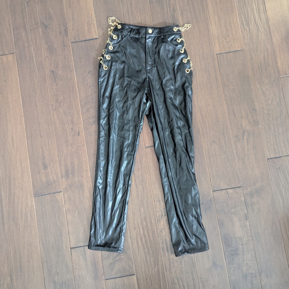 Faux leather laceup chain pants NWOT